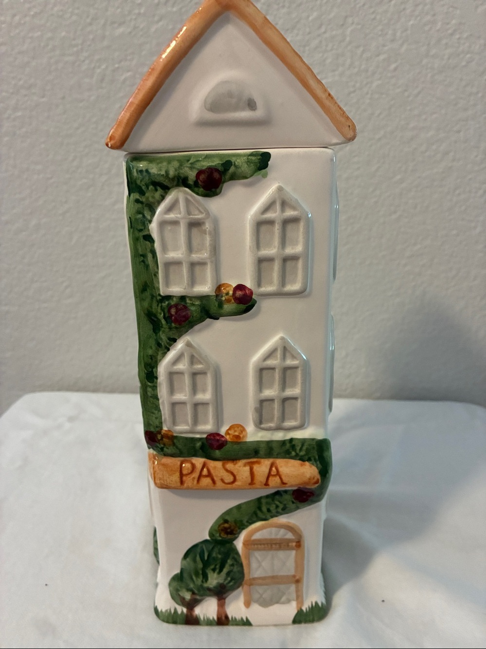 Vintage Ceramic house-shaped canister for pasta.  Decorative with Floral Accents